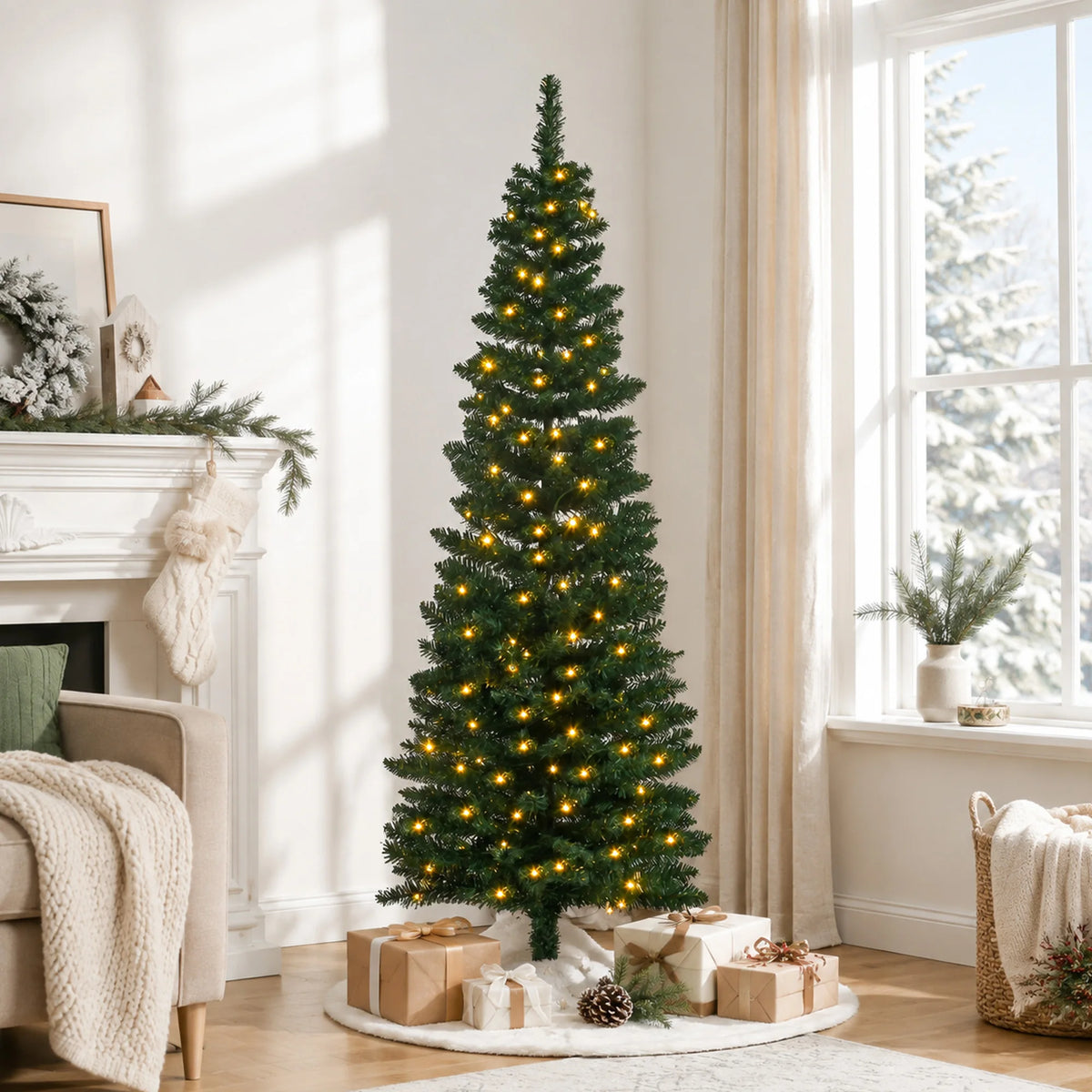 HOMCOM Pre Lit Slim Artificial Christmas Tree With Warm White LEDs