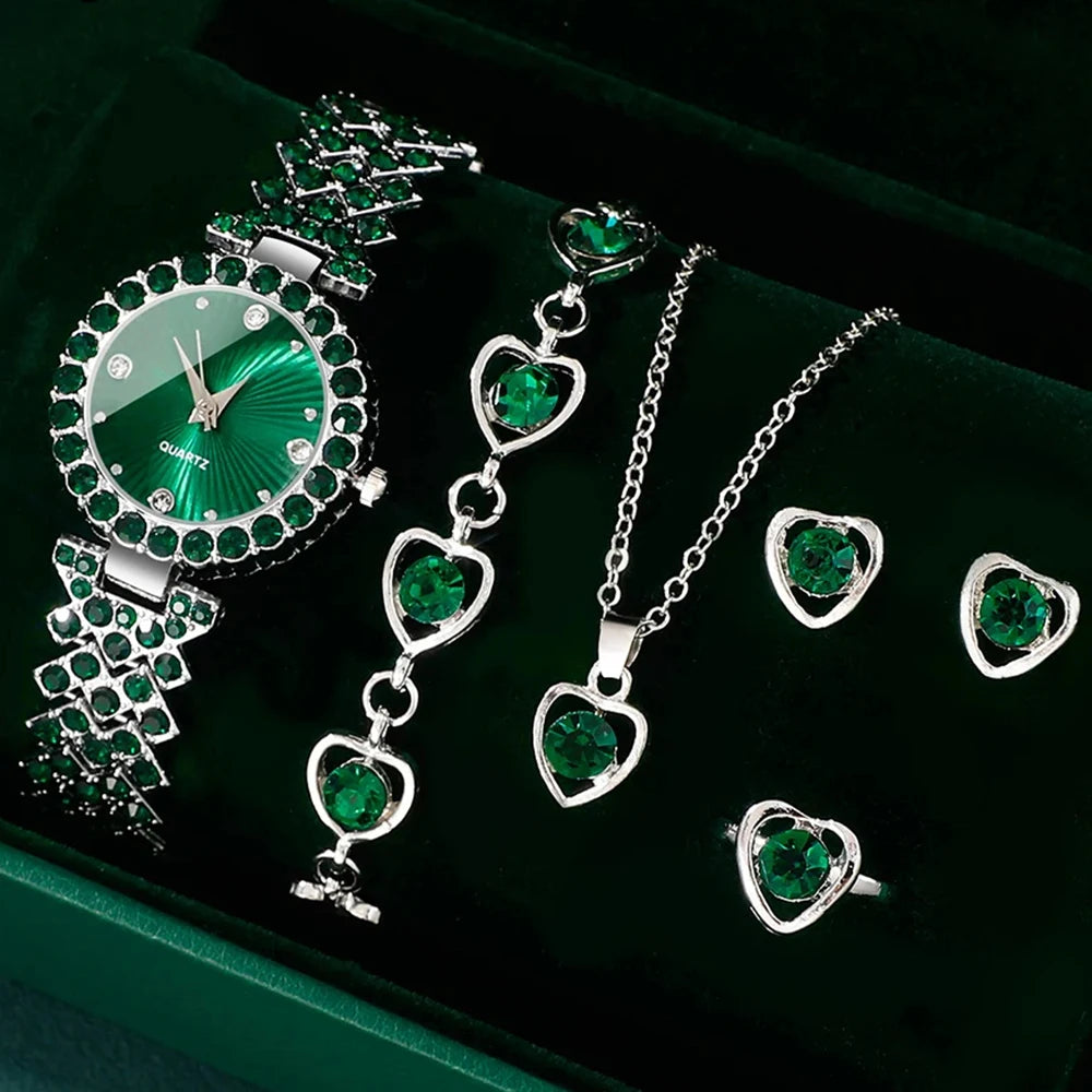 Women Rhinestone Heart Jewelry Set With Quartz Wristwatch
