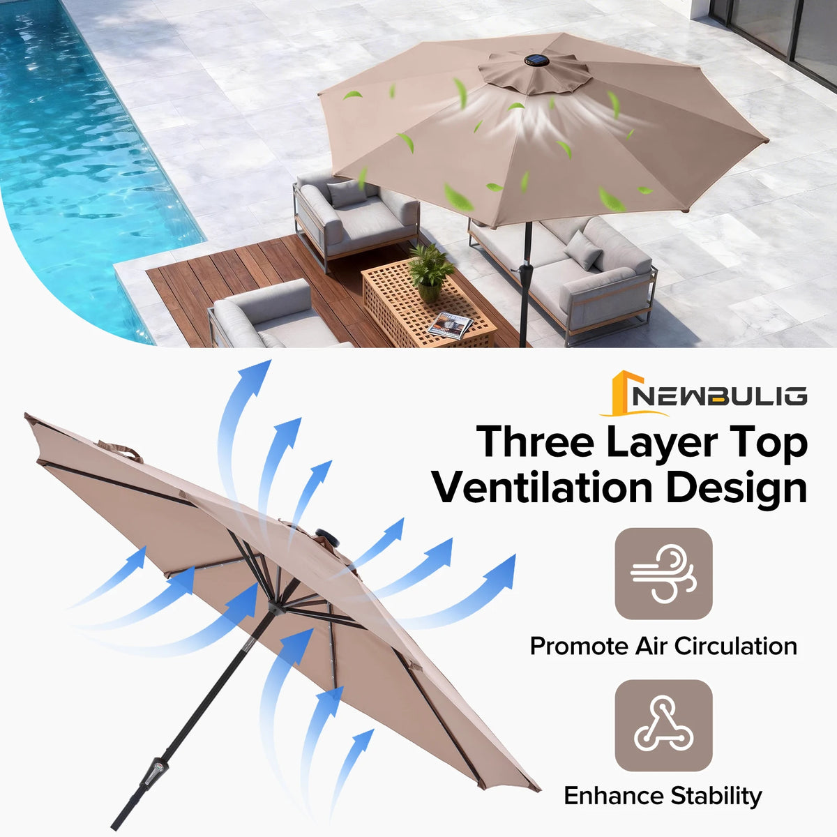 JHK Solar Patio Umbrella With LED Lights, Tilt And Crank