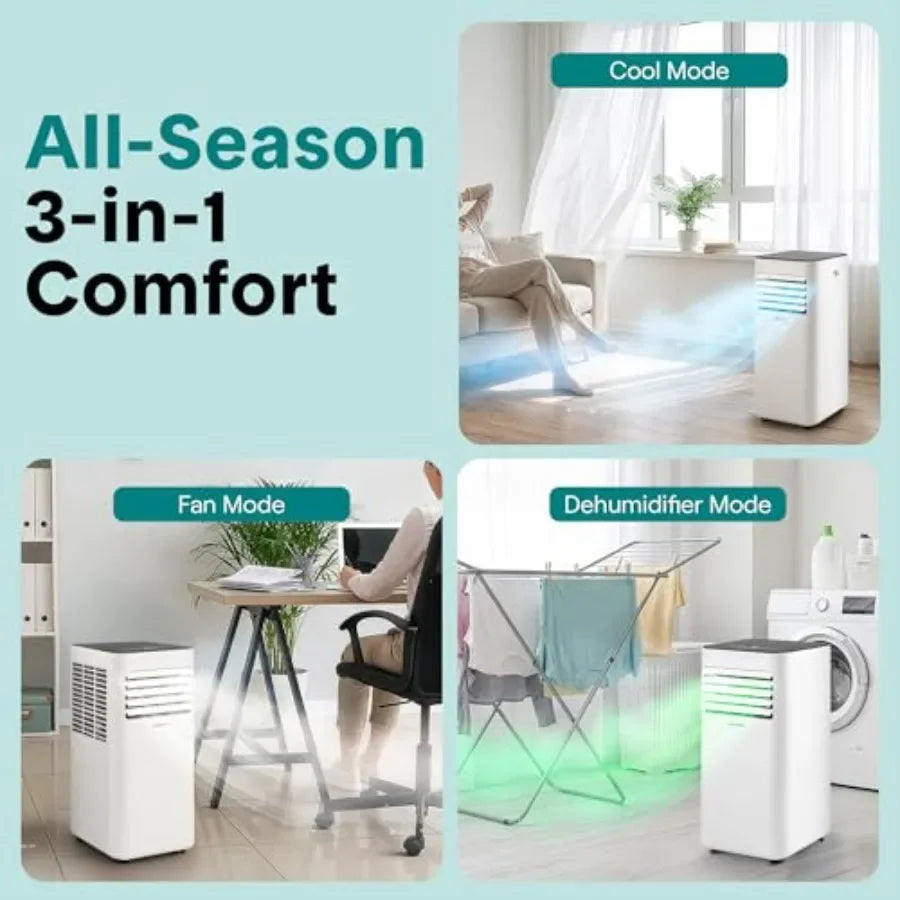 Portable AC unit for rooms up to 350 sq ft, plastic housing, white, 8, 000 BTU with built-in dehumidifier, WiFi app and remote