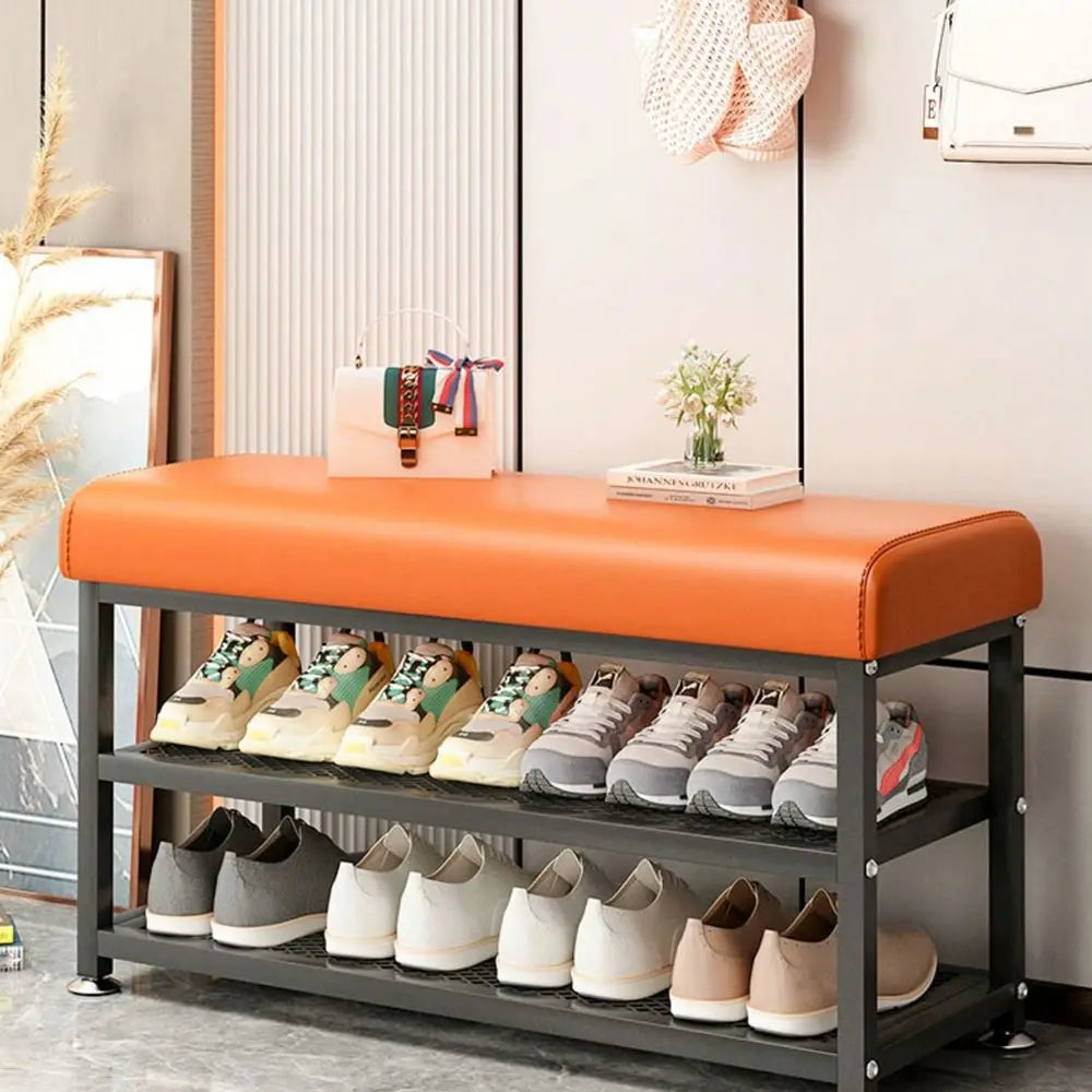 Storage Bench With Cushioned Seat And Metal Frame Shoe Organizer