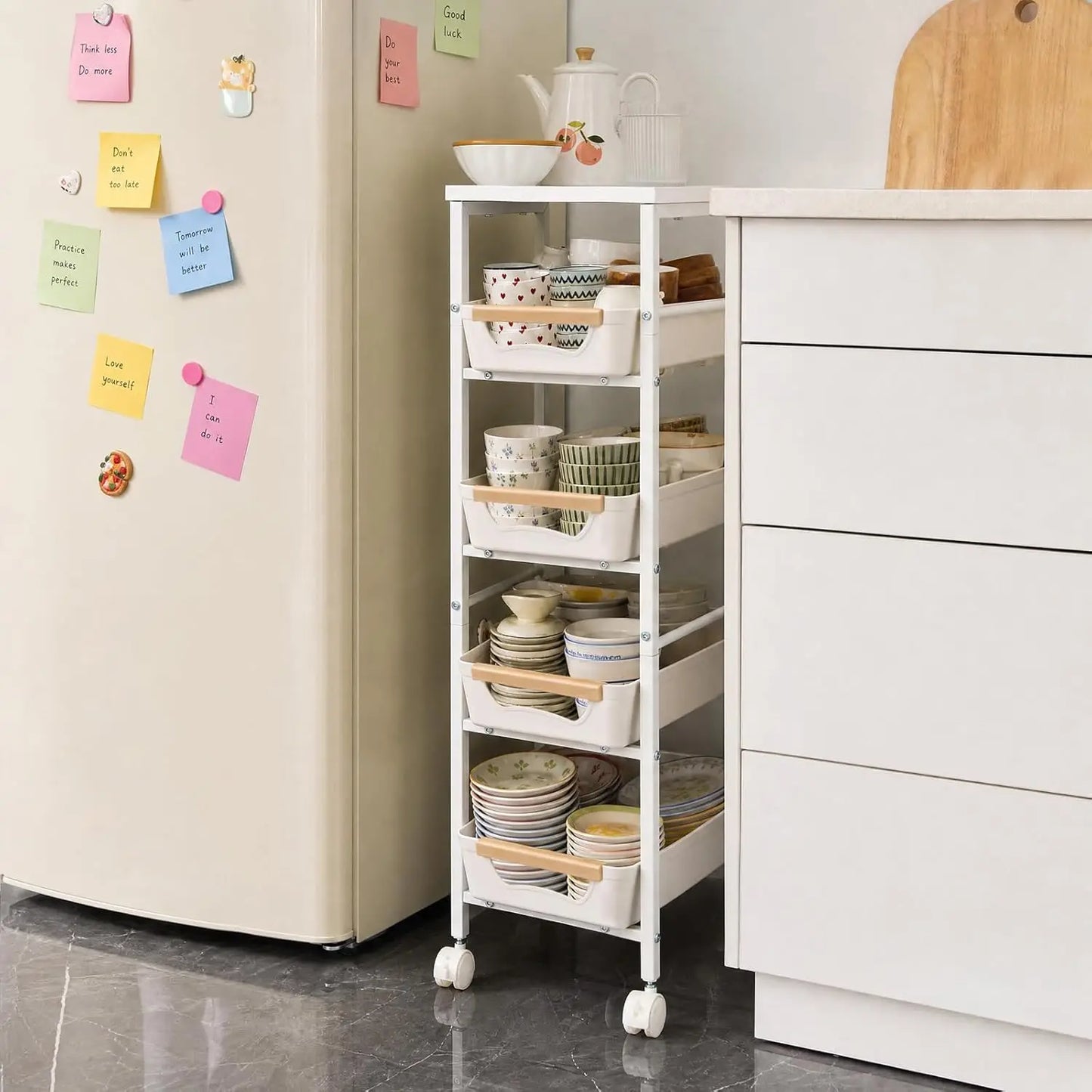 HiMISS 5 Tier Slim Rolling Storage Cart Wooden Top Organizer