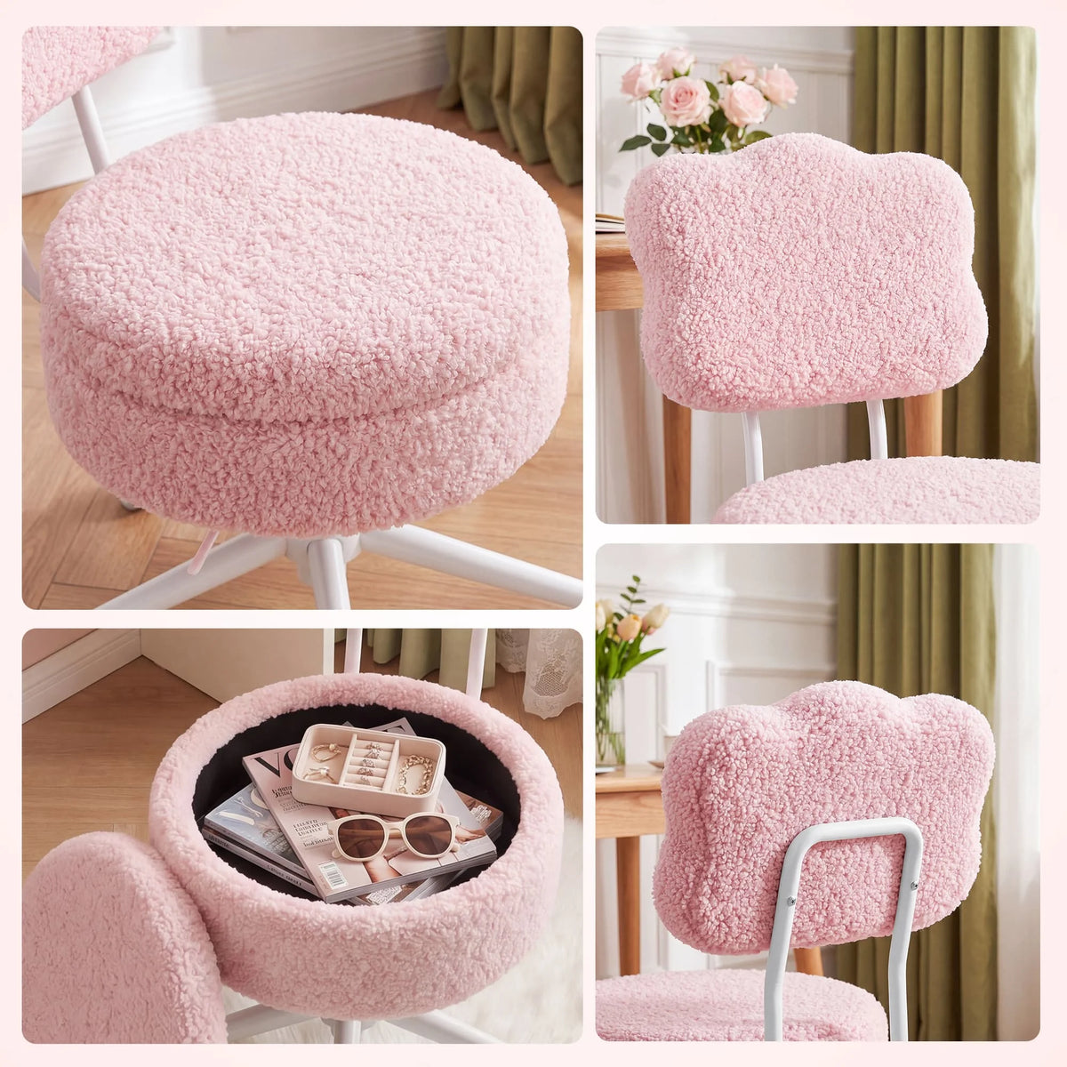 Modern Teddy Fleece Vanity Chair Including Storage And Height Adjustability