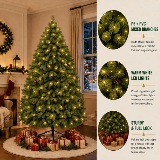 Tacleekii 4.5 ft 6ft  7.5ft Christmas Tree, Prelit Artificial Christmas Tree with Dual Color LED Lights Holiday Decoration Metal Hinges for Home, Office, Party