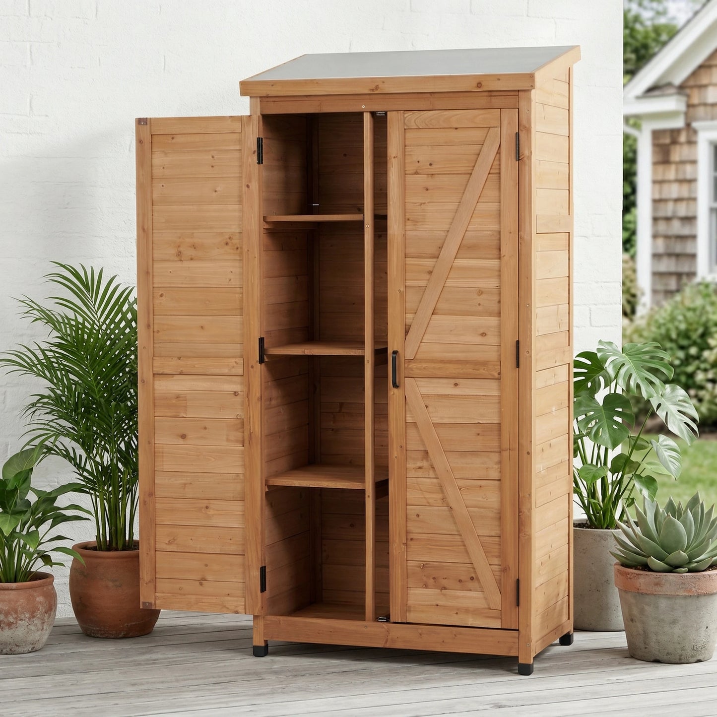 Weatherproof Fir Wood Storage Shed With Metal Roof For Gardening