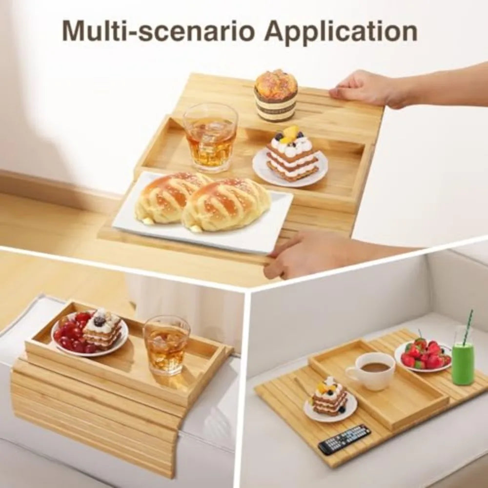 Bamboo Armrest Tray With Storage Box And Non Slip Base