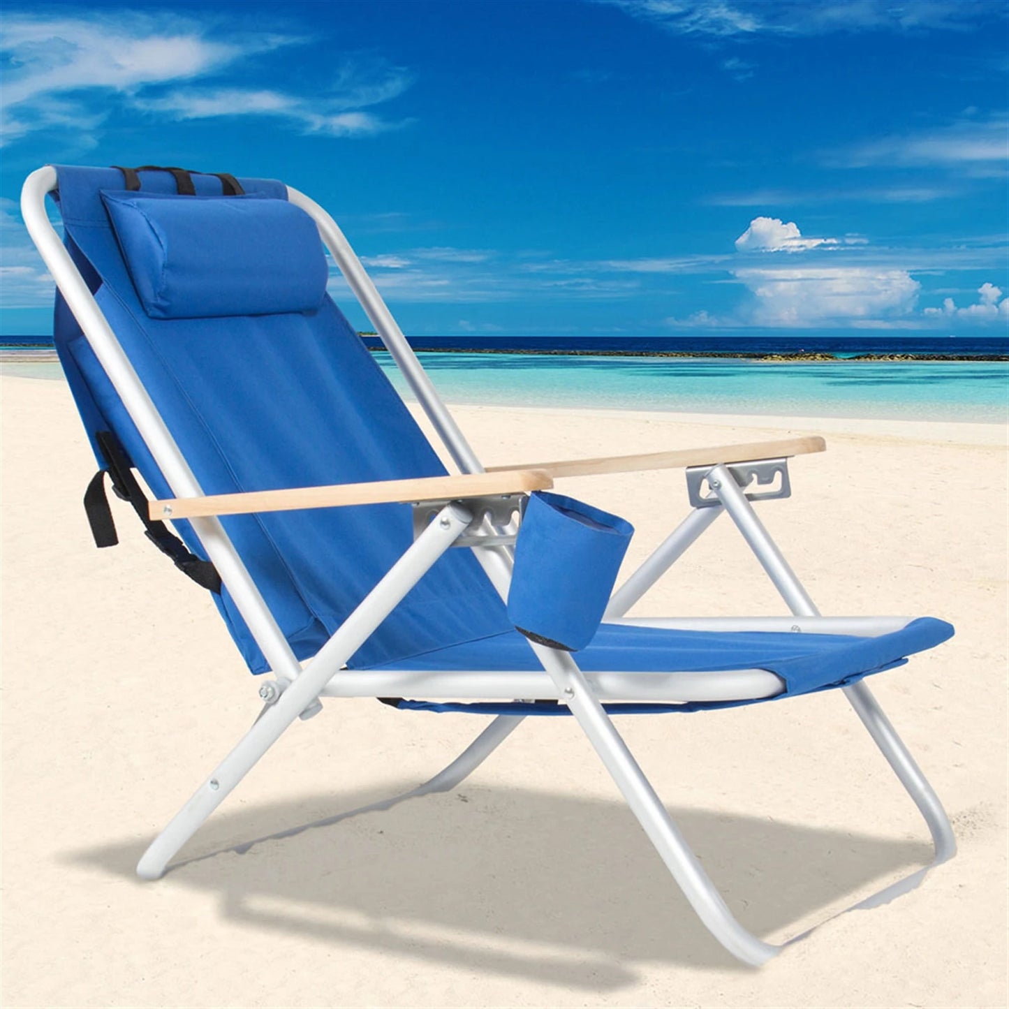 Portable Beach Chair With Adjustable Headrest Cup Holder 600D Fabric