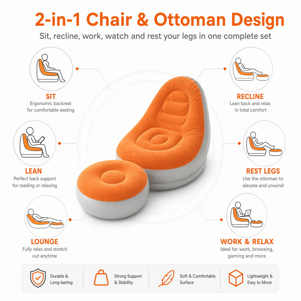Wonflex Inflatable Flocking Lazy Sofa Set With Footstool