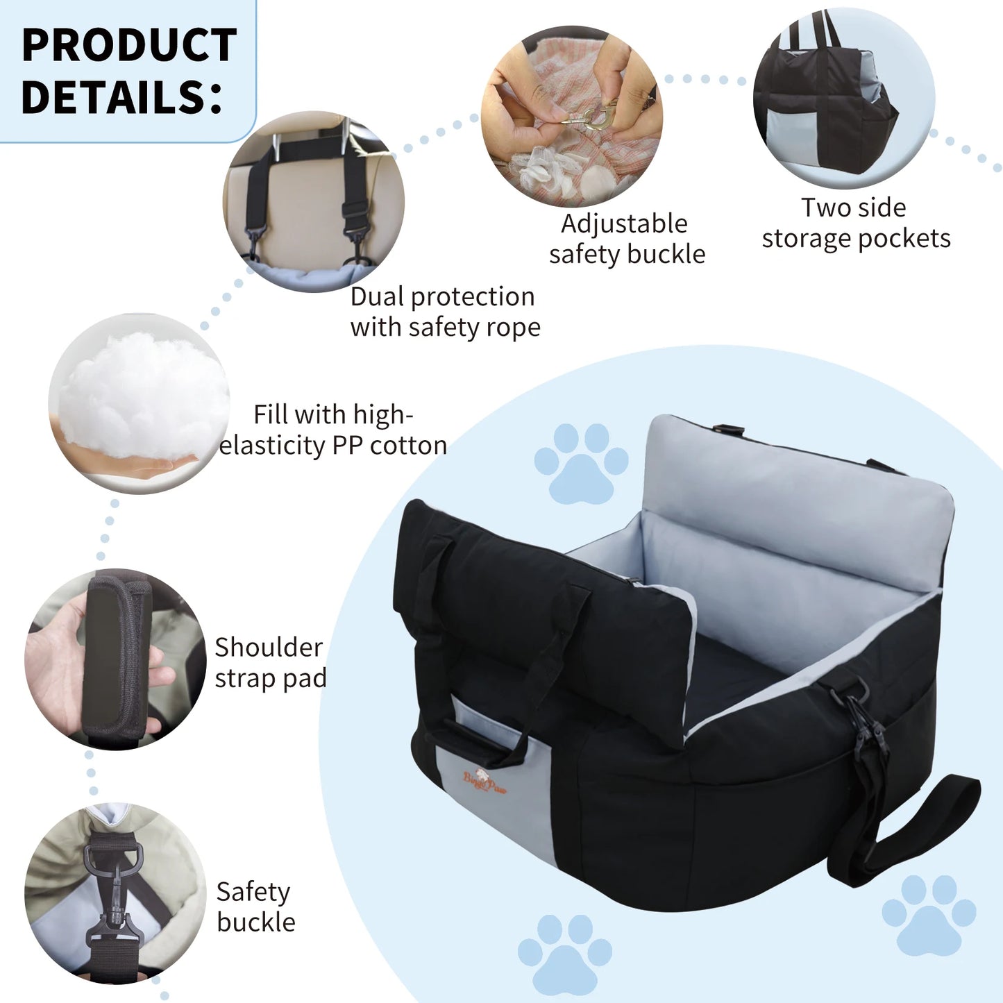 Borwart Portable Dog Car Seat Travel Bed With Safety Belt