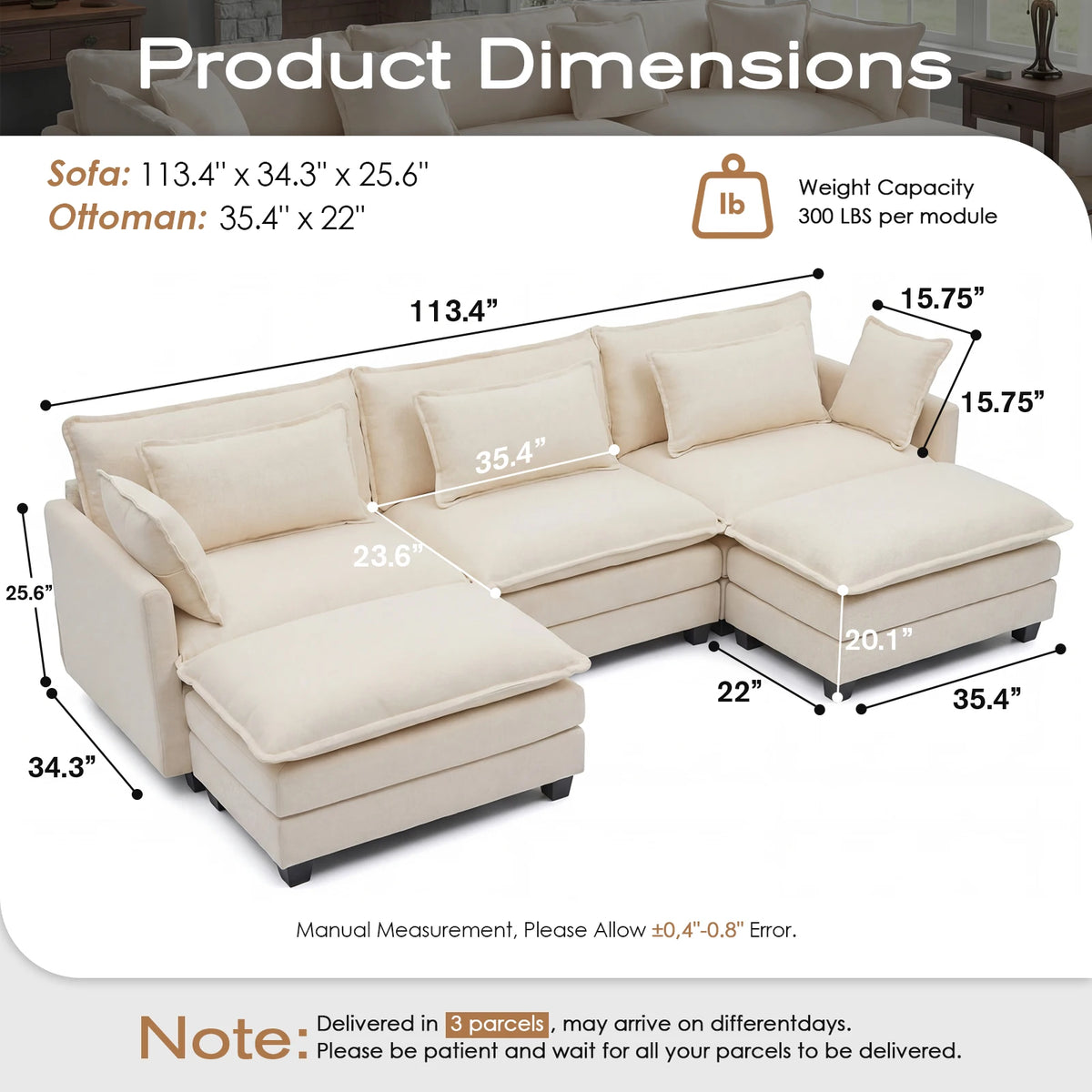 Modern Modular Sectional Sofa With Ottoman And Deep Seat Comfort