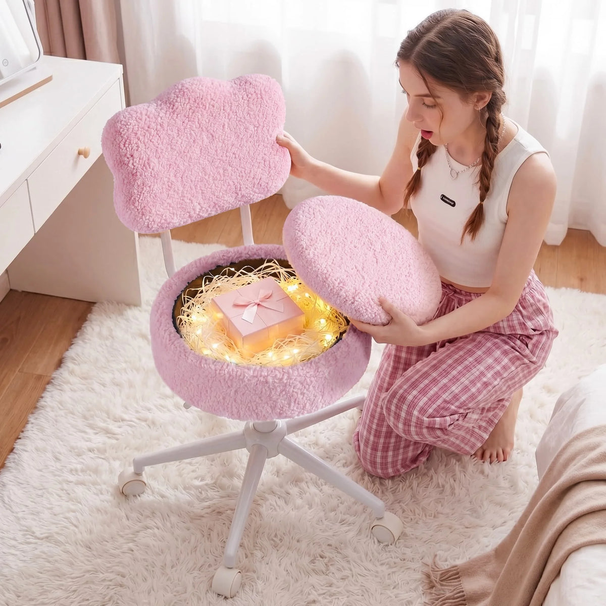 Modern Teddy Fleece Vanity Chair Including Storage And Height Adjustability