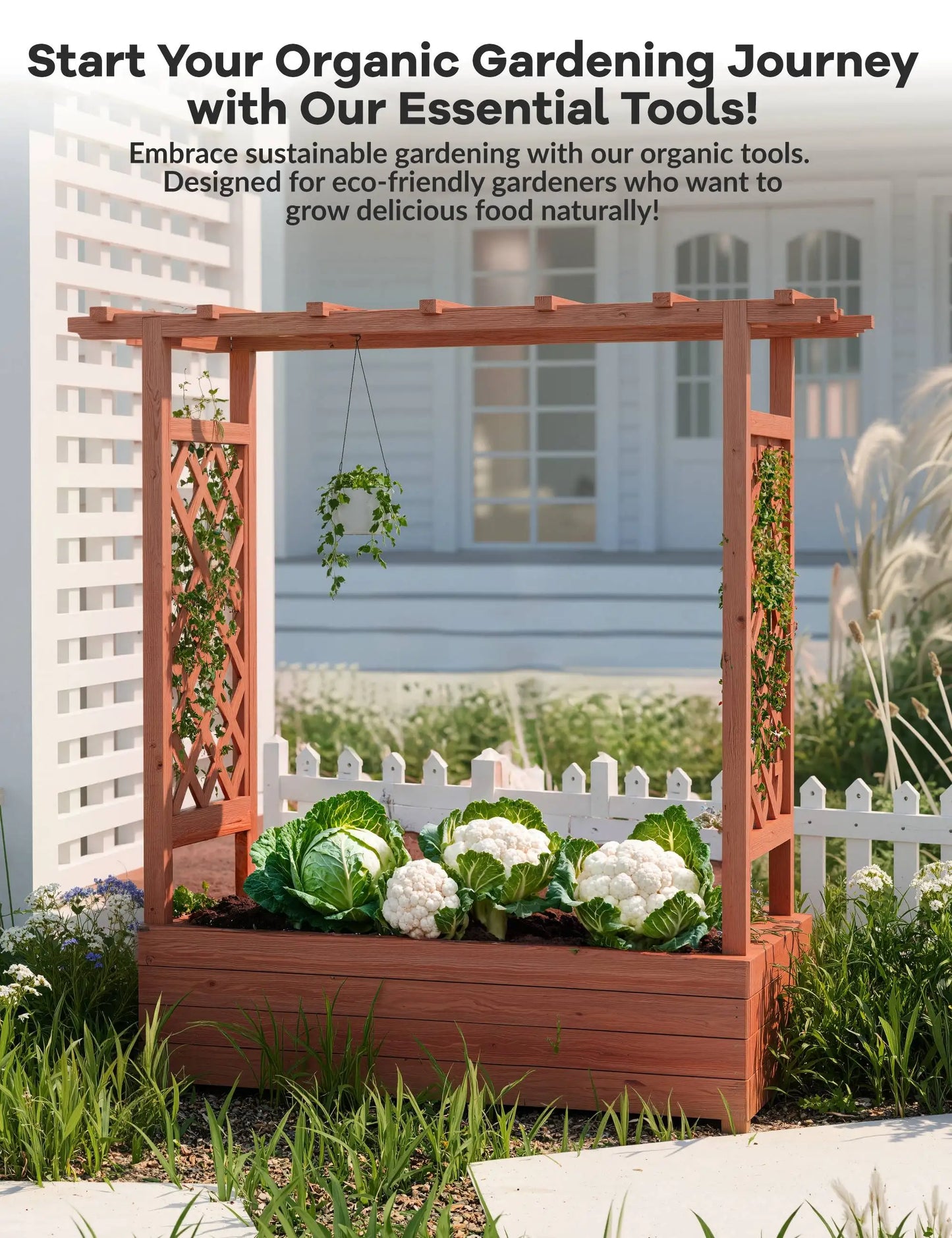 HiMISS Wooden Raised Garden Bed With Arched Trellis Planter