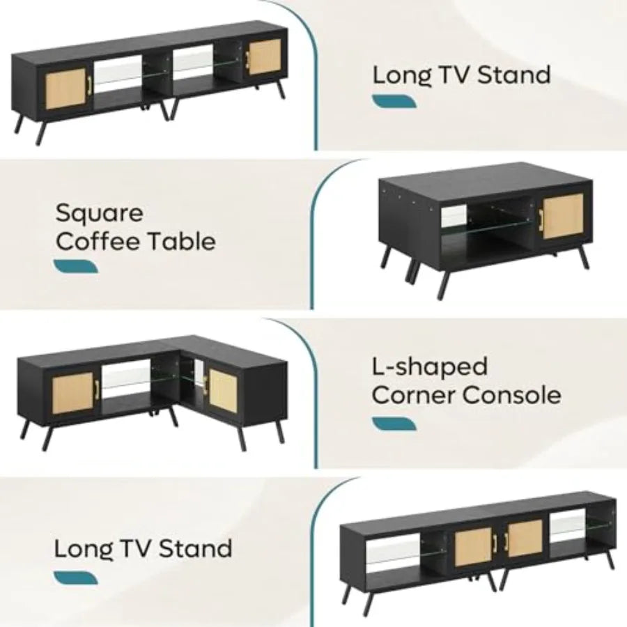 80 Inch Black Rattan TV Stand with Storage for 85 Inch TV, 4-in-1 Mid Century Modern Entertainment Center with LED Lights, Door