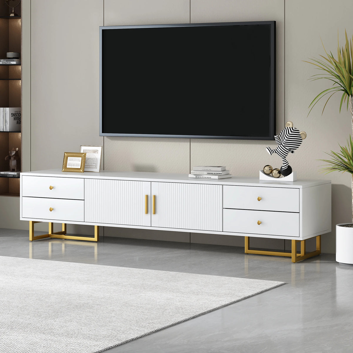 TV Stand for 65+ Inch TV, Entertainment Center Media Console Table with Storage, Modern TV Console Cabinet with 4 Drawers and 1 Cabinet, Wave Groove Door Design, T-Shaped Metal Frame, Living Room Furniture