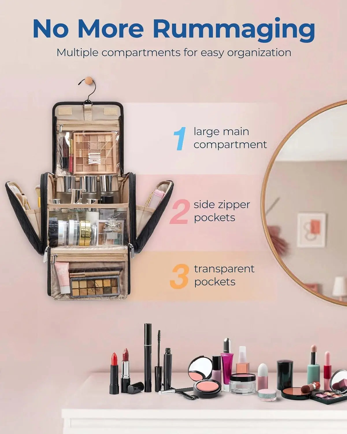 Makeup Organizer Bag With Hanging Hook Portable Large Capacity Cosmetic Case