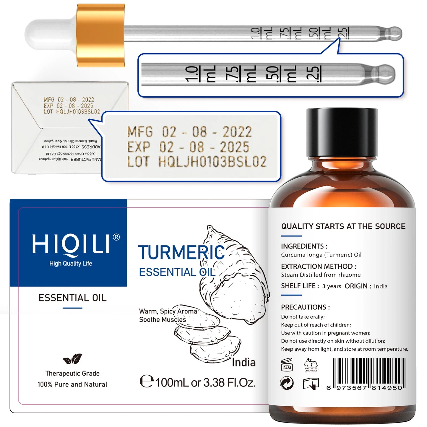 HIQILI Turmeric Essential Oil Pure Curcuma Longa For Diffuser