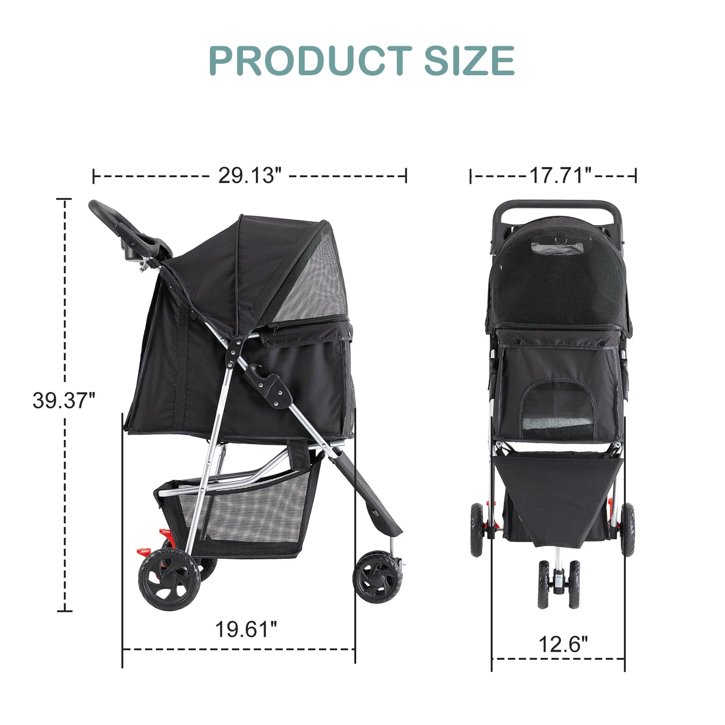 JHK Foldable 3-Wheel Pet Stroller For Small Dogs And Cats
