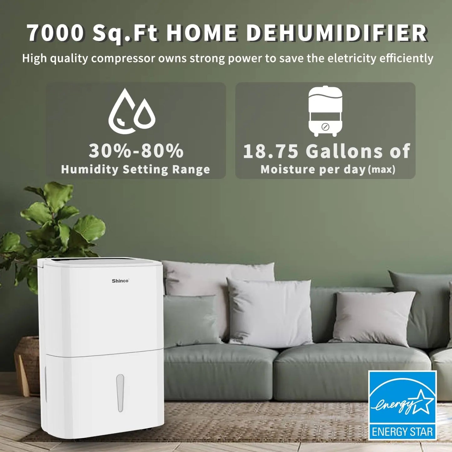 Shinco Energy Star Dehumidifier With WiFi For Large Spaces