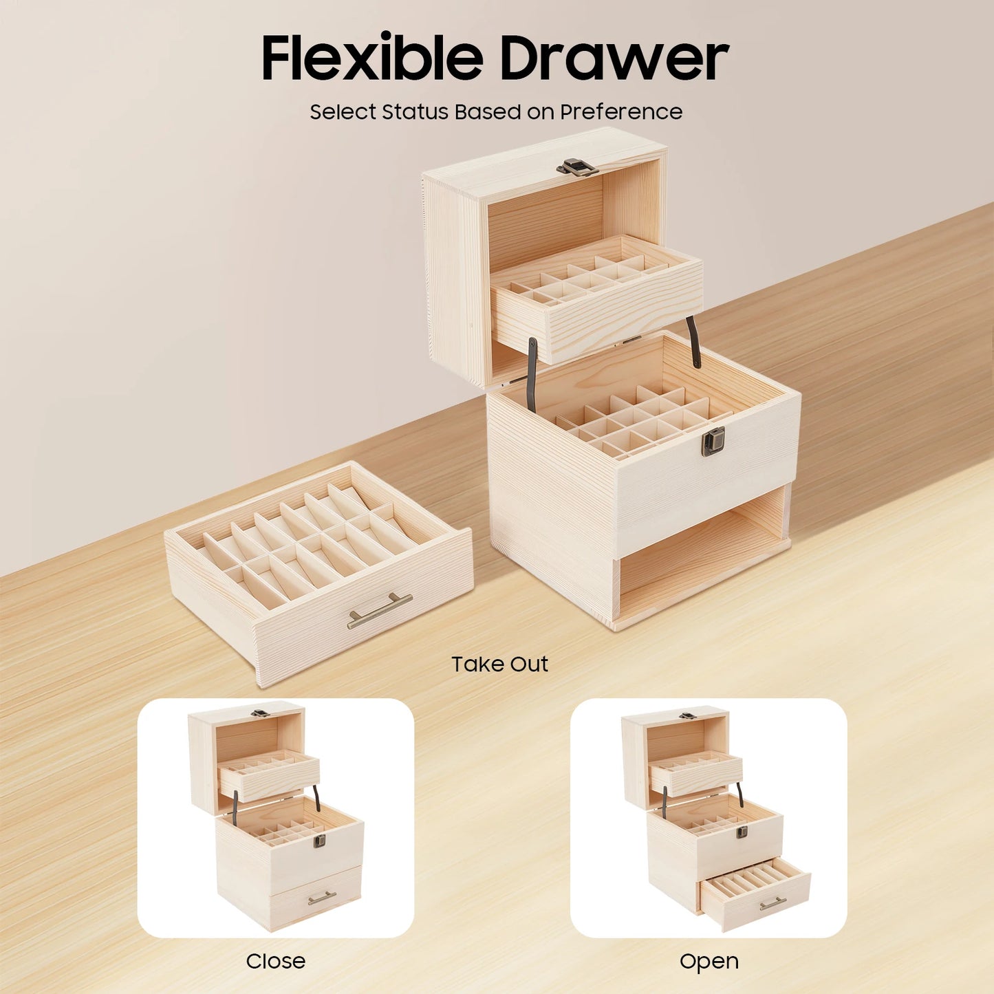 Wooden Essential Oil Storage Box With Locking Drawer Modern Design