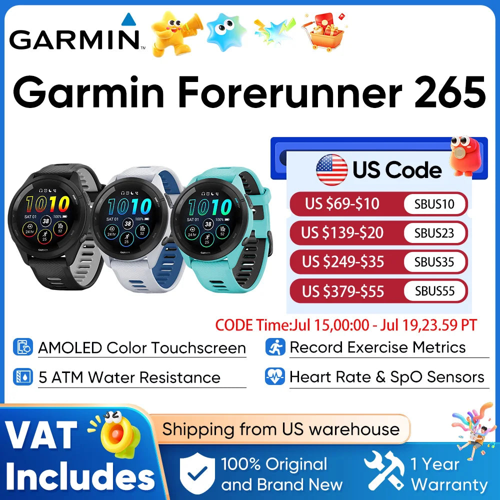Garmin Forerunner 265 GPS Smartwatch AMOLED Display Heart Rate Monitoring