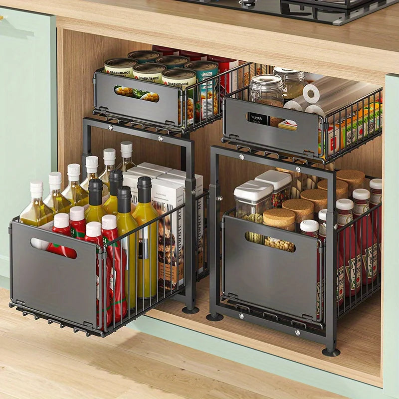 Aehome Adjustable Under Sink Slide Out Cabinet Metal Organizer
