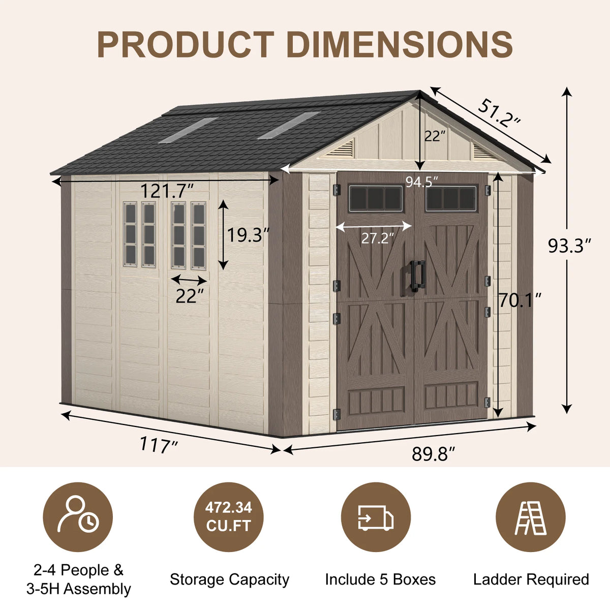EVOKEDEN Outdoor Resin Storage Shed With Floor And Double Doors