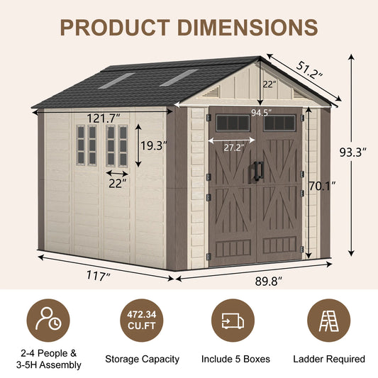EVOKEDEN Outdoor Resin Storage Shed With Floor And Double Doors