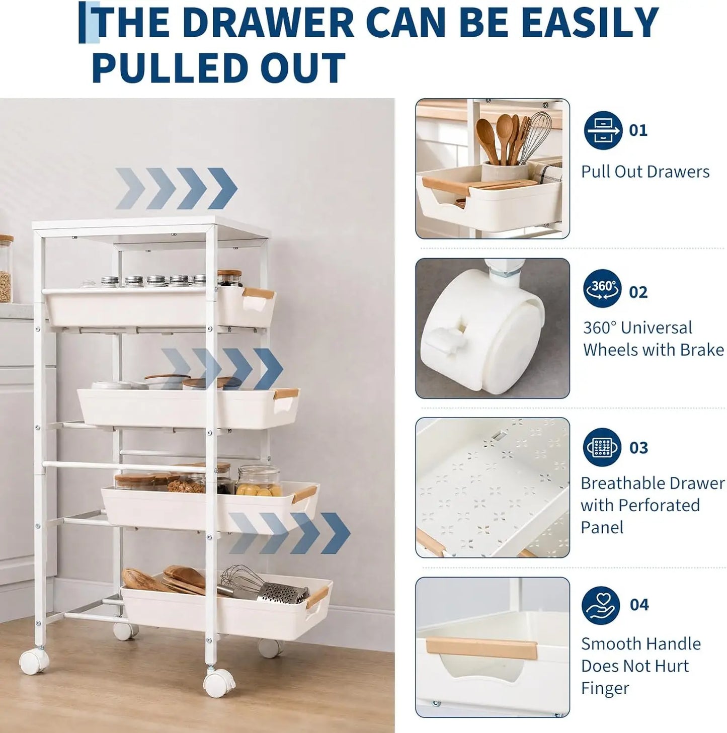 HiMISS 5 Tier Slim Rolling Storage Cart Wooden Top Organizer