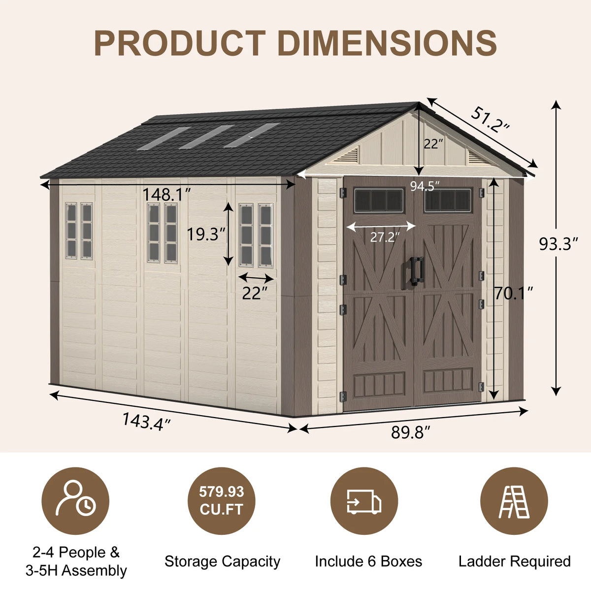 EVOKEDEN Outdoor Resin Storage Shed With Floor And Double Doors
