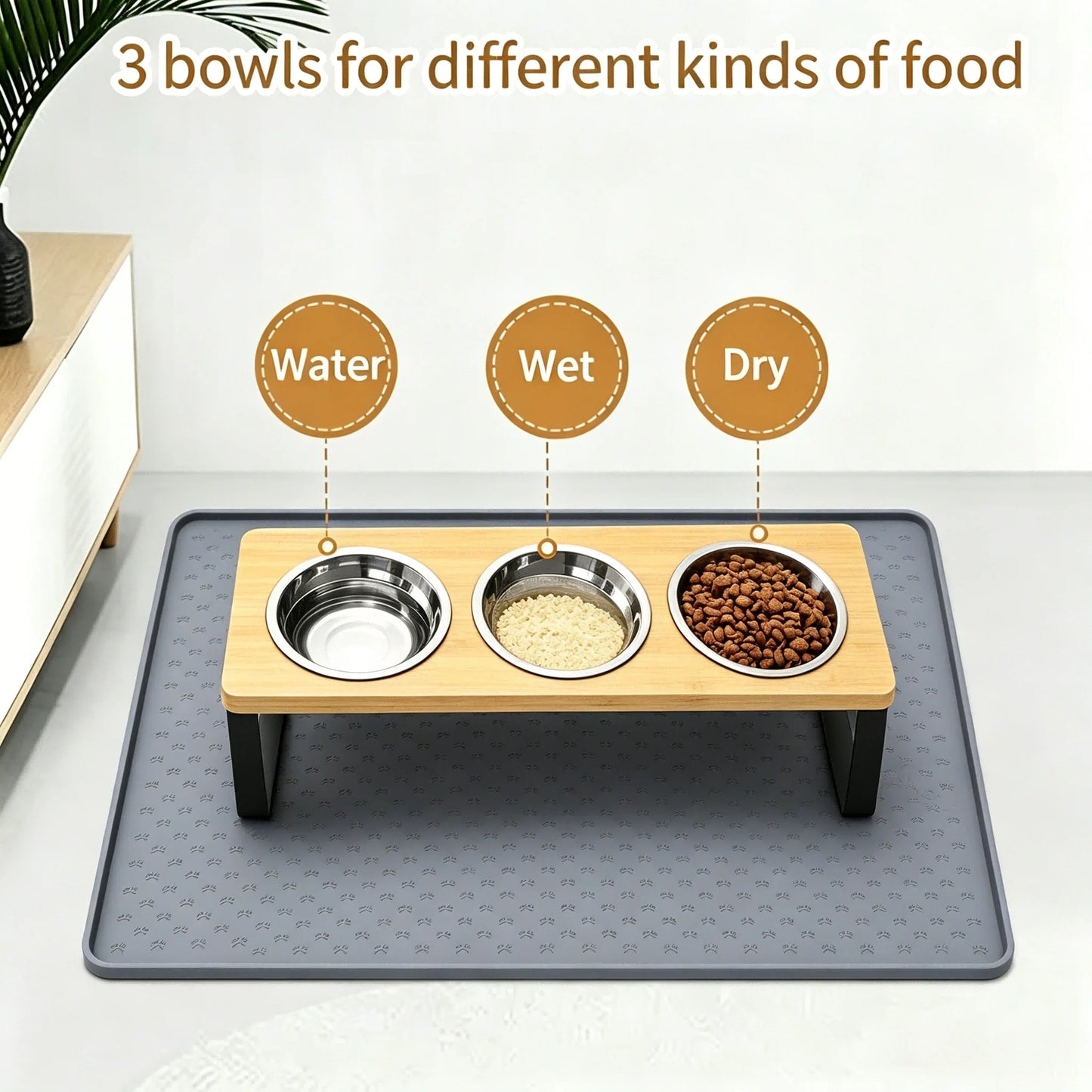 Elevated Cat Feeder With Bamboo Stand And Stainless Steel Bowls