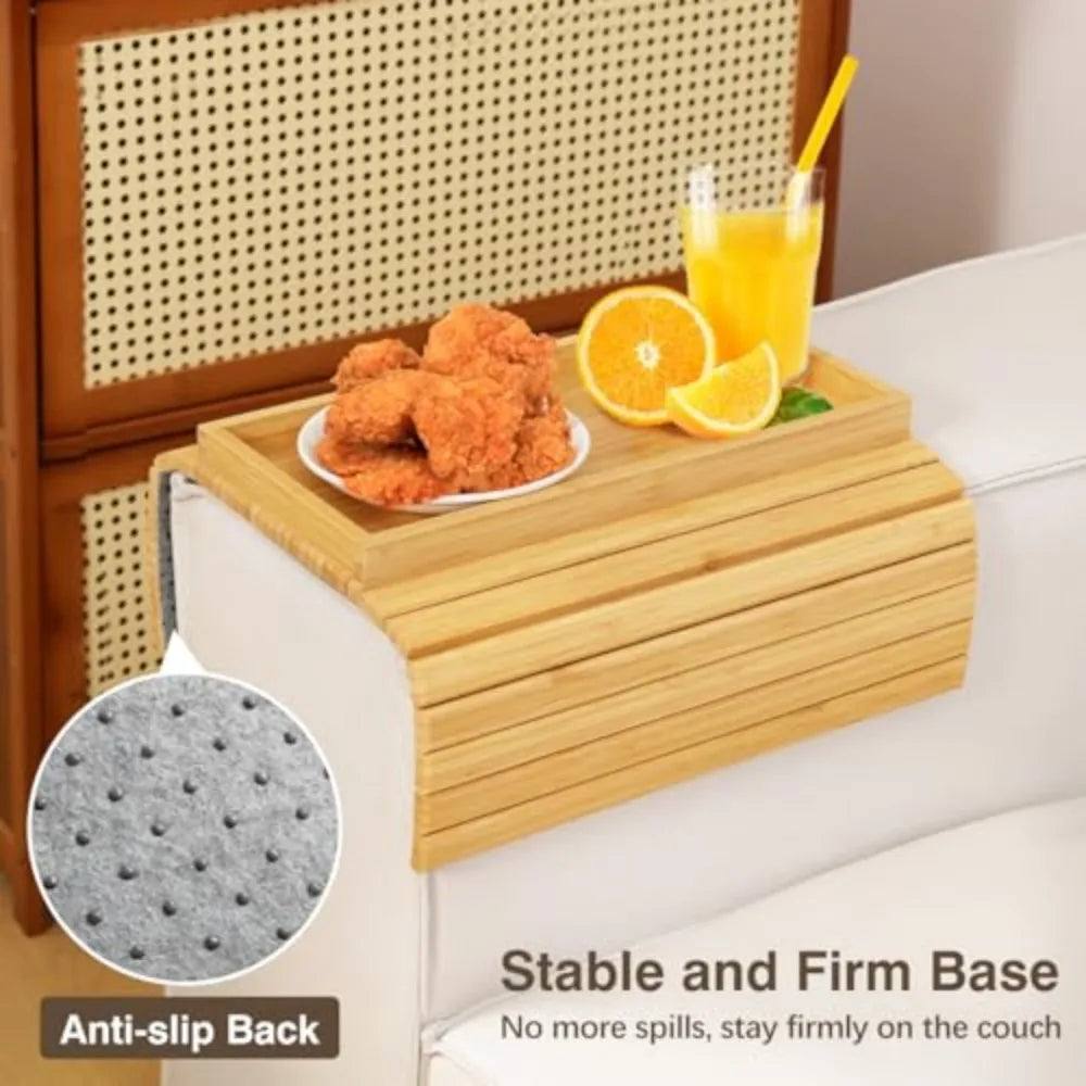 Bamboo Armrest Tray With Storage Box And Non Slip Base