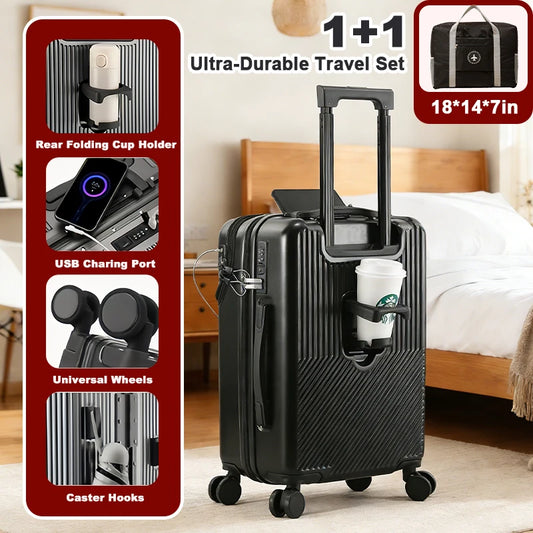 Durable Carry-On Luggage Set With Cup Holder And Charger