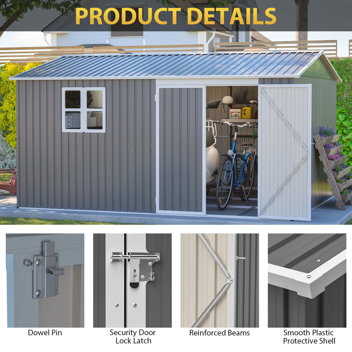 GIHAUVIA Metal Outdoor Storage Shed With Waterproof Lockable Doors