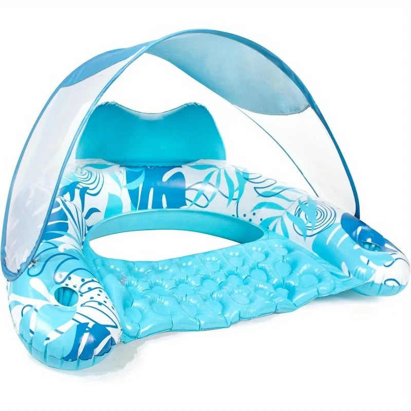 Inflatable Pool Float With Canopy Lounge Chair And Cup Holders