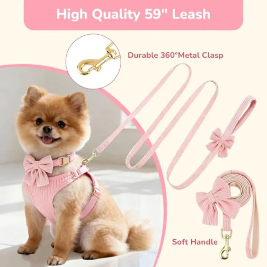 Adjustable Breathable Cotton Dog Harness With Bowtie Set