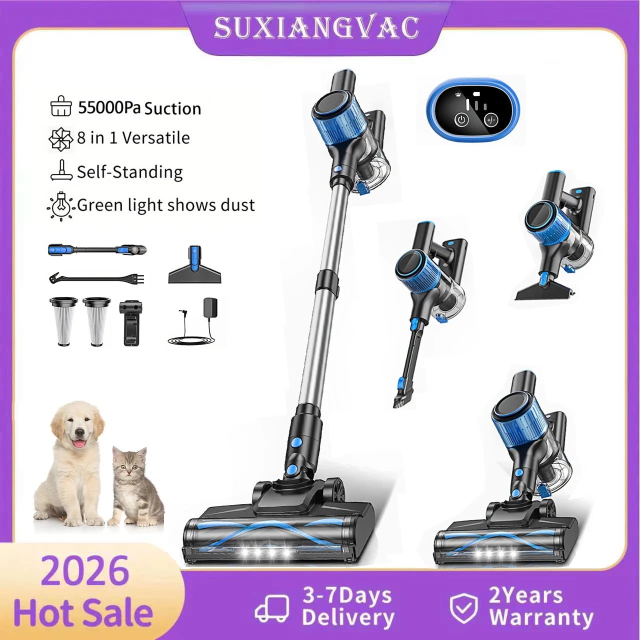 SUXIANGVAC Cordless Vacuum Cleaner 55KPa 45Min Runtime 8 In 1