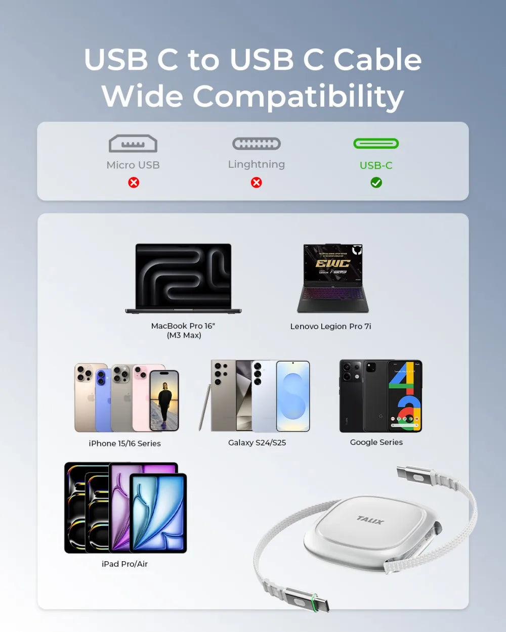 TALIX 240W Retractable USB C Cable PD Fast Charge Pro