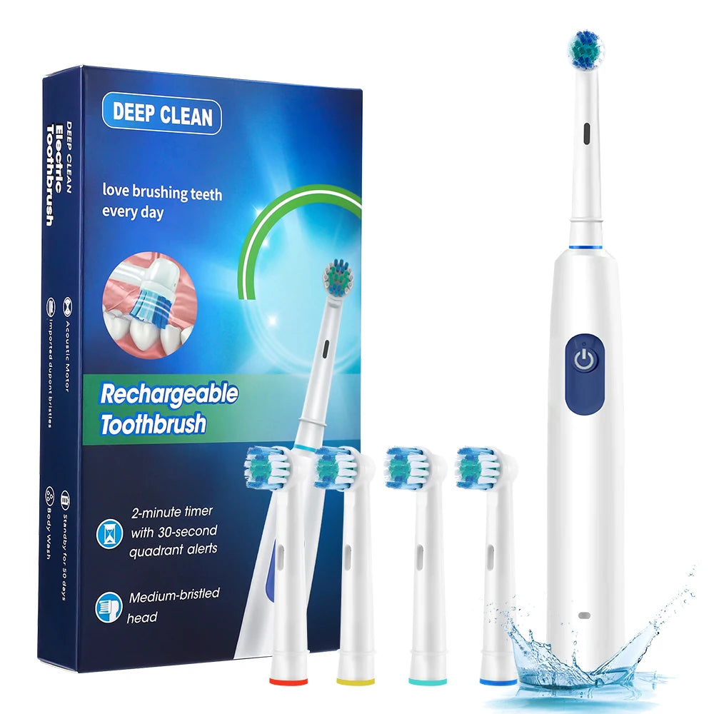 Rotary Electric Toothbrush Rechargeable for Adults, 5 Modes, 4 Heads
