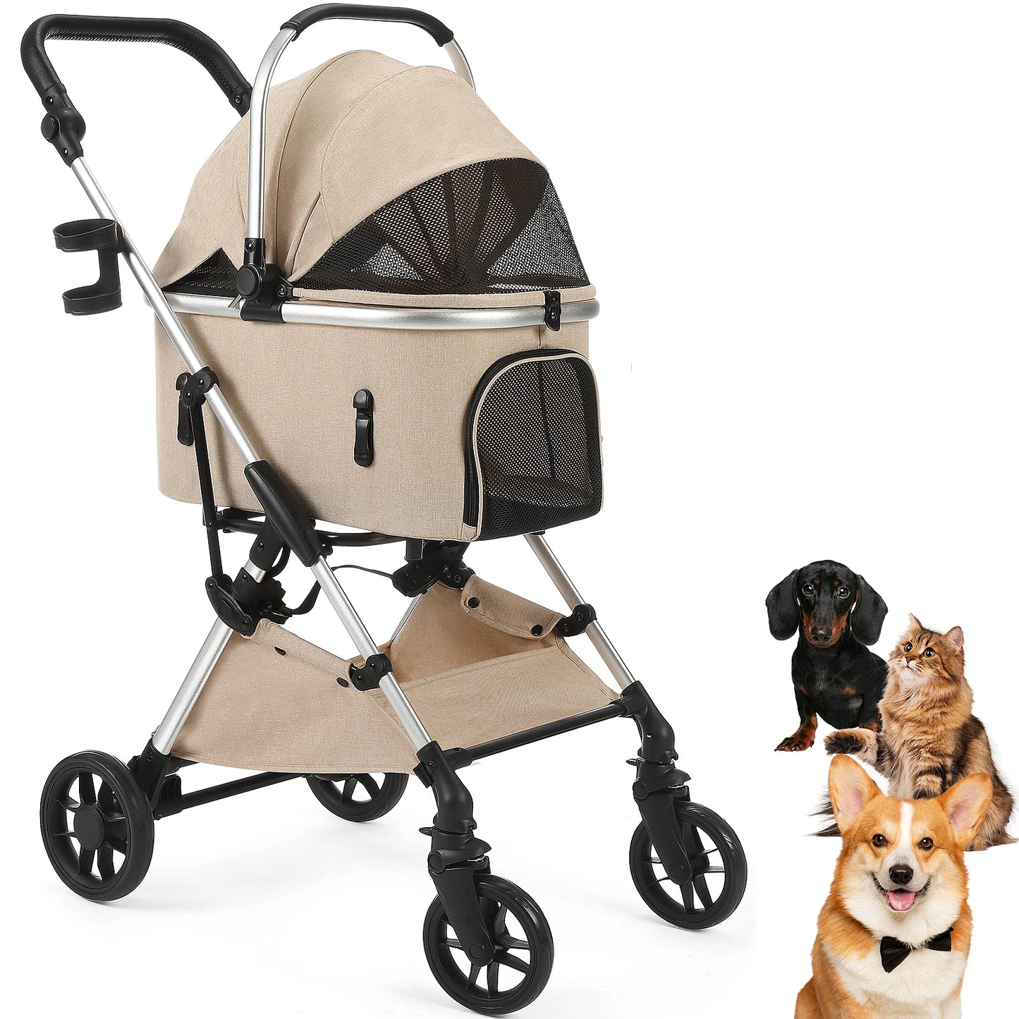 Portable Lightweight Pet Stroller For Medium Dogs With Detachable Carrier