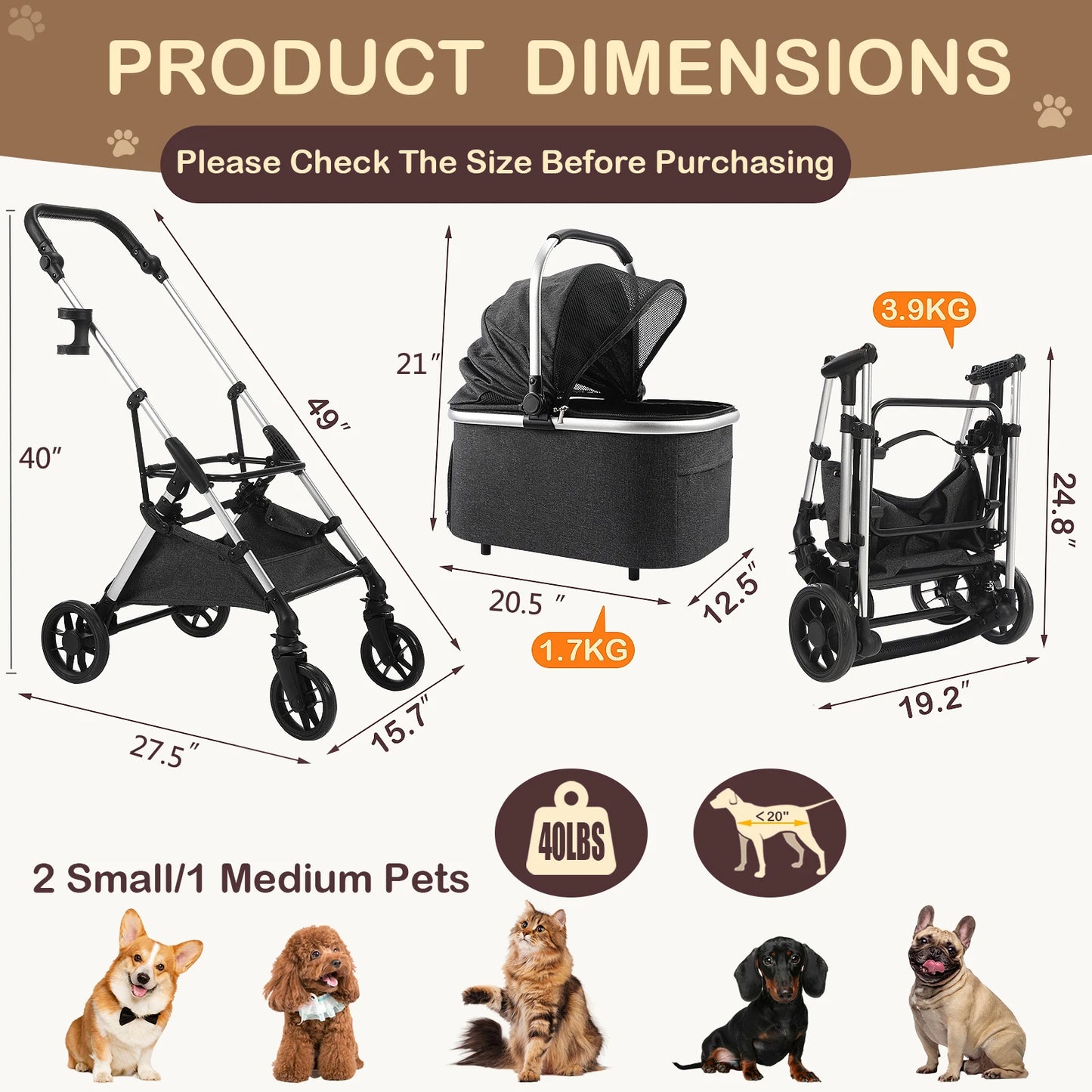Portable Lightweight Pet Stroller For Medium Dogs With Detachable Carrier