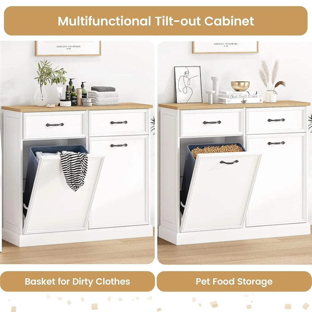 Double Tilt Out Trash Can Cabinet with Storage Drawer 20 galon, Hidden Trash Storage Cabinet, Freestanding White Garbage Can Cabinet, Pet Food Storage, for Kitchen Dining Living Room