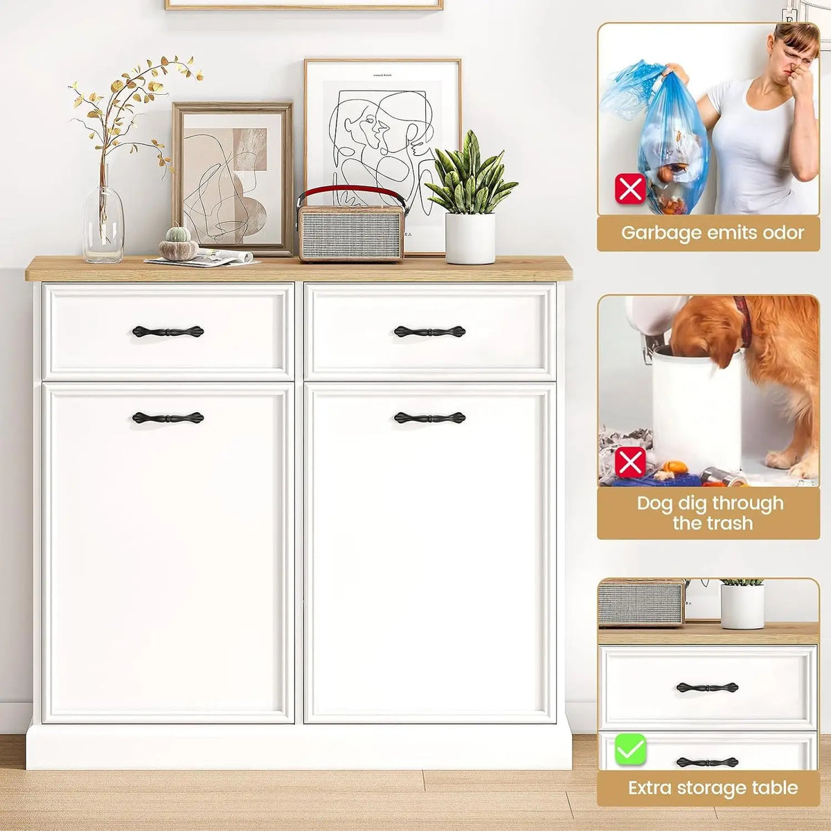 Double Tilt Out Trash Can Cabinet with Storage Drawer 20 galon, Hidden Trash Storage Cabinet, Freestanding White Garbage Can Cabinet, Pet Food Storage, for Kitchen Dining Living Room