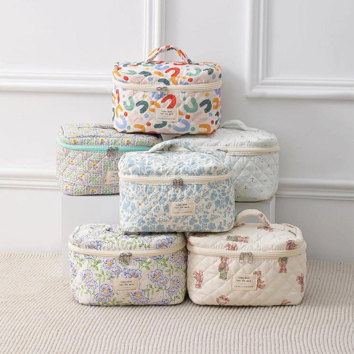 Quilted Floral Travel Makeup Bag Cotton Cosmetic Organizer