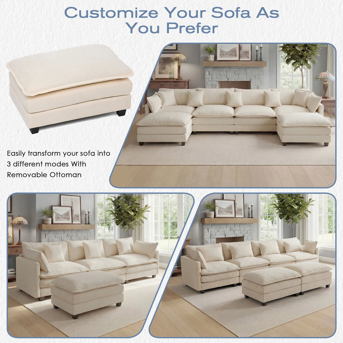 Modern Modular Sectional Sofa With Ottoman And Deep Seat Comfort