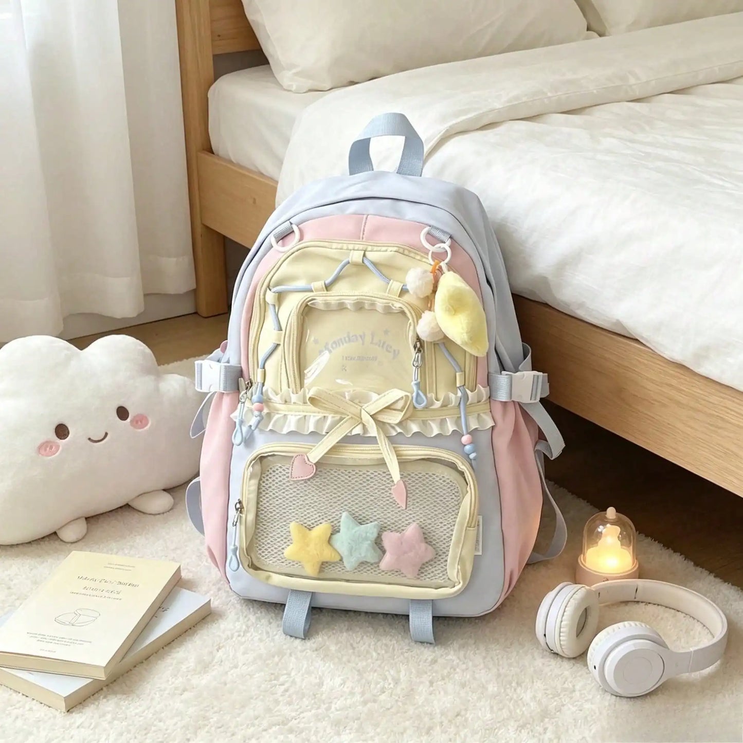Star Plush Charm Backpack Featuring Lace Ruffle Bow Detail