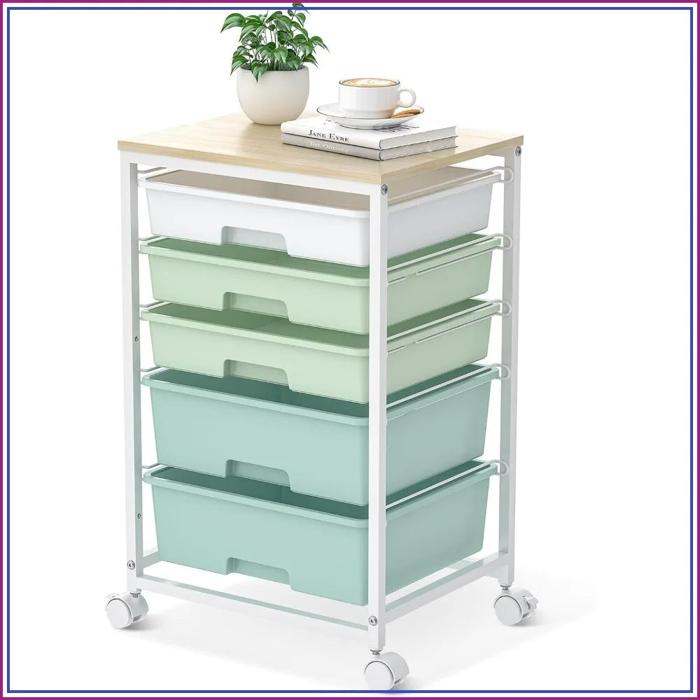 Five Drawer Rolling Utility Cart With Wooden Top Locking Wheels