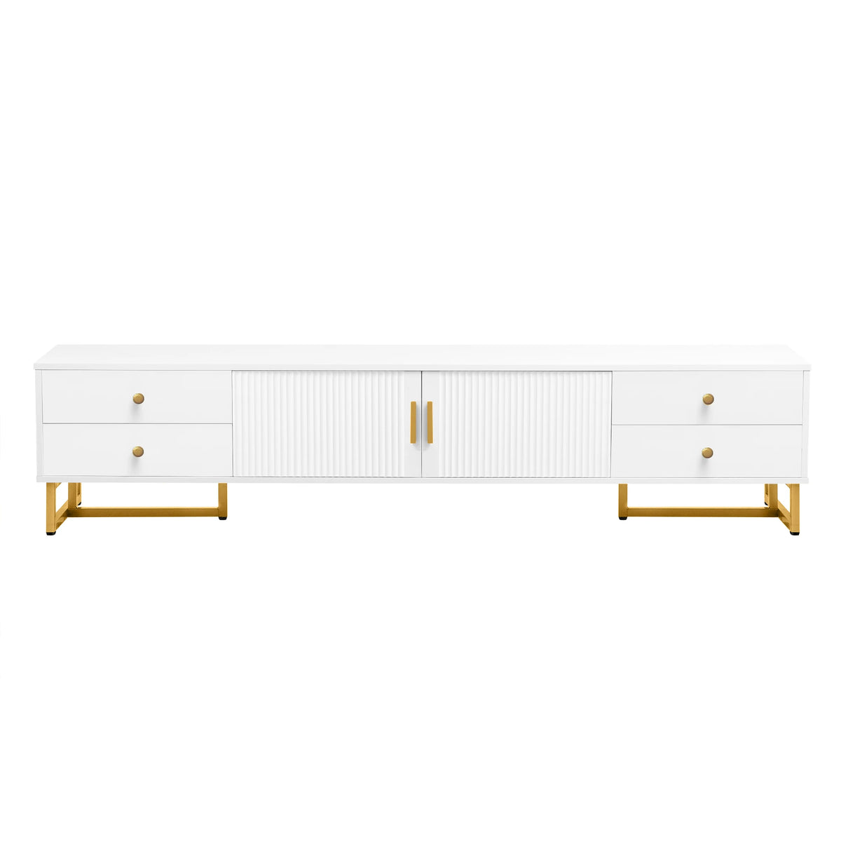 TV Stand for 65+ Inch TV, Entertainment Center Media Console Table with Storage, Modern TV Console Cabinet with 4 Drawers and 1 Cabinet, Wave Groove Door Design, T-Shaped Metal Frame, Living Room Furniture