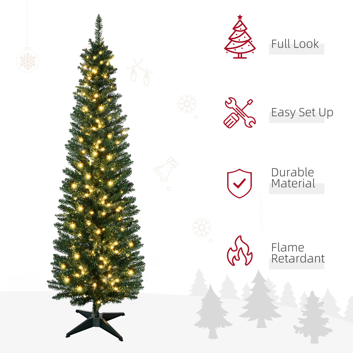 HOMCOM Pre Lit Slim Artificial Christmas Tree With Warm White LEDs