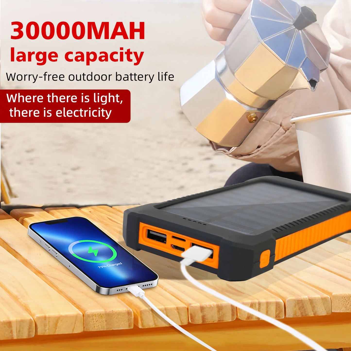 26800mAh Solar Power Bank With Wireless PD18W Fast Charging Waterproof Flashlight