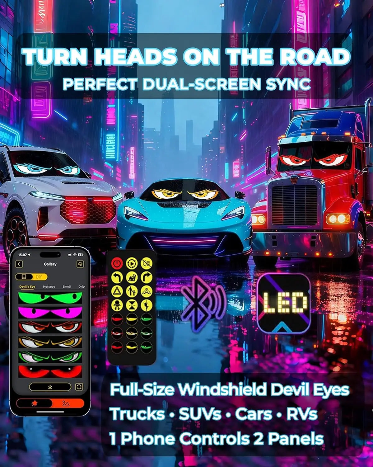 Universal Vehicle LED Devil Eyes Dual Screen Display With App Control